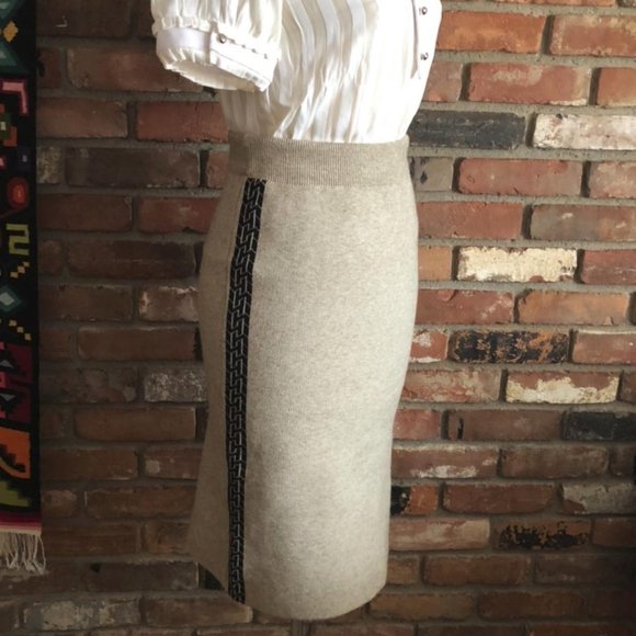 Bodycon Calf-length Stretch WIGGLE Pencil Knit Skirt Tan & Black side Print - Picture 1 of 3